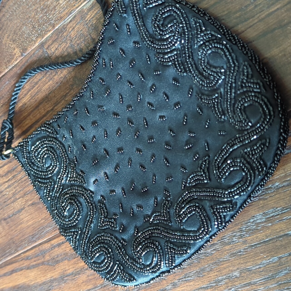 Vintage Formal Black Satin Hand Beaded Mini Purse Made in Hong Kong by Wolberg